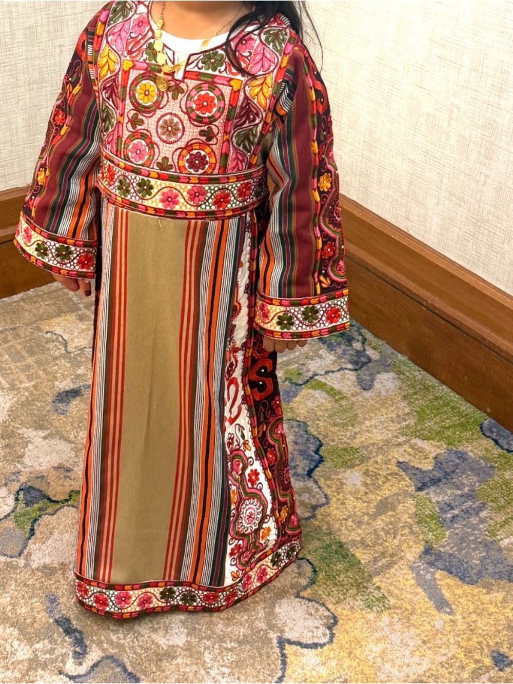 Embroidered Multicolor Long-Sleeve Girls Maxi Dress